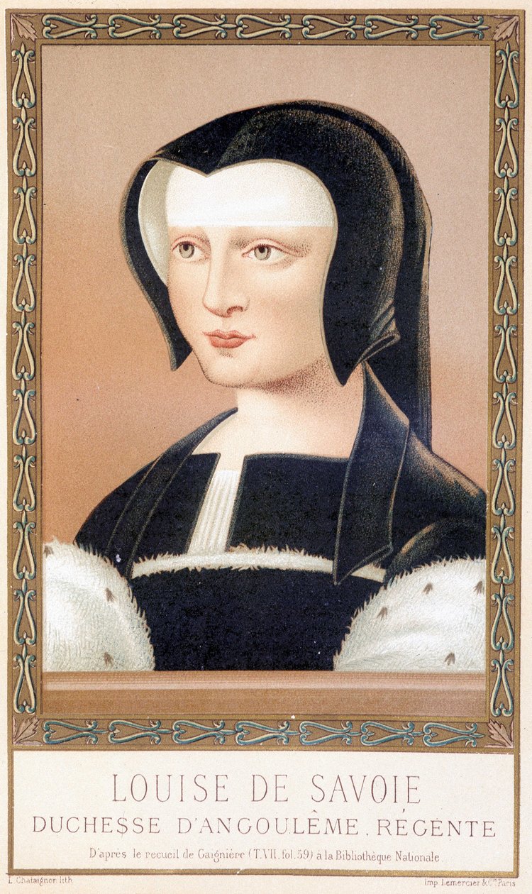 アングレーム公爵夫人でフランスの摂政であったルイーズ・ド・サヴォア（1476-1531）の肖像。ポール・ラクロワの「ルイ12世とアンヌ・ド・ブルターニュ」からのクロモリトグラフ、編集。ジョルジュ・ユルトレル 作： ポール・ラクロア