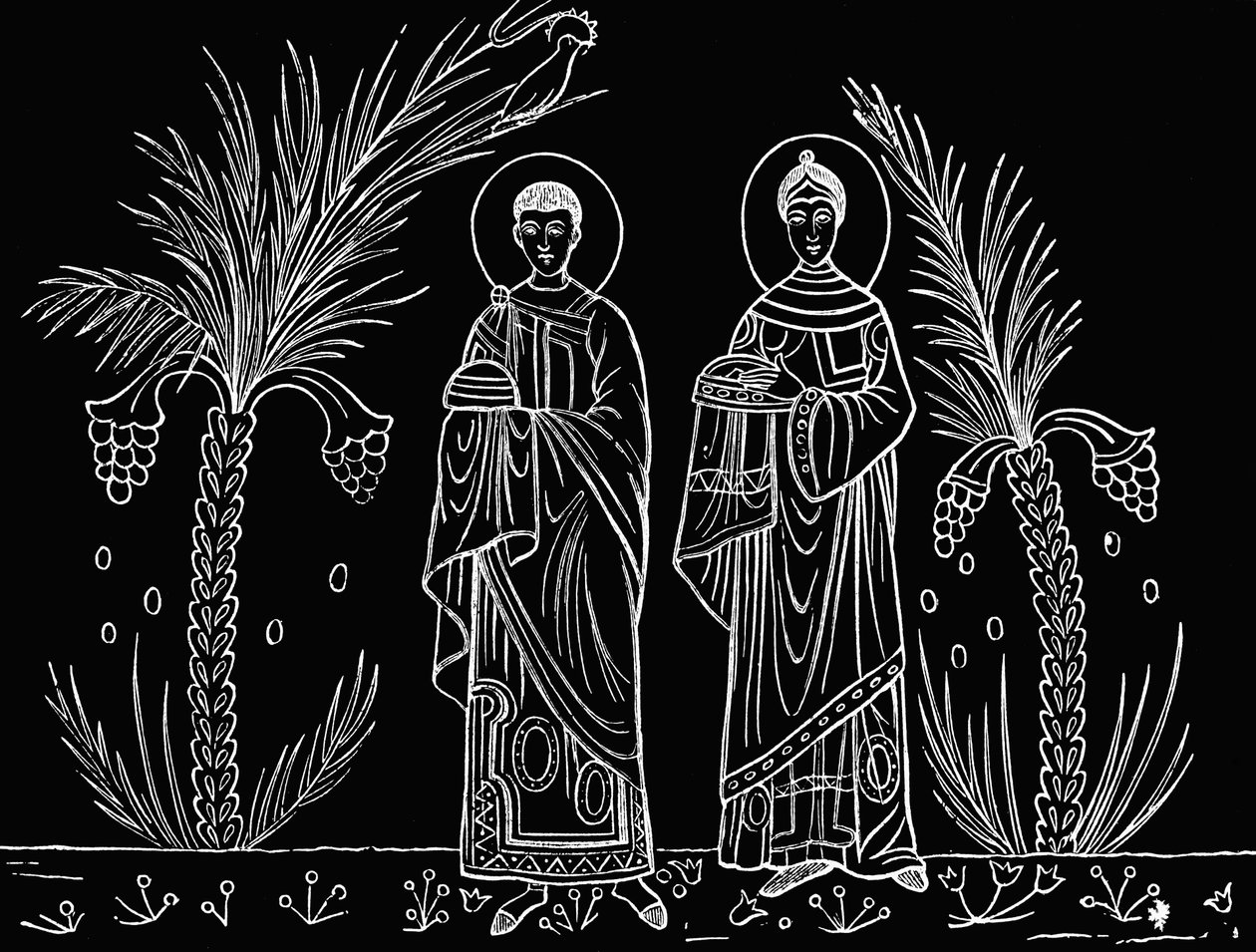 聖セシリアと夫ヴァレリアヌス。ローマの聖チェチーリア教会に保存されている3、4世紀のモザイク画による。 作： ポール・ラクロア