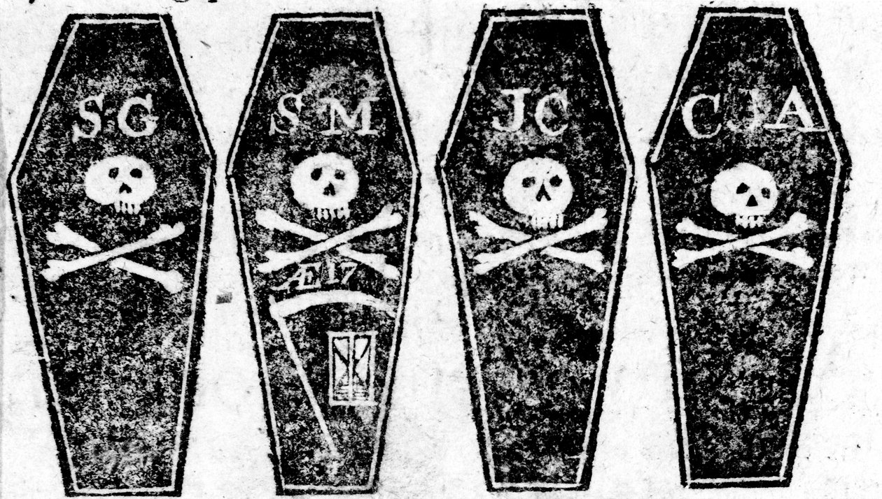 1770年3月12日、ボストン官報に掲載された、ボストン虐殺からの4つの棺の絵 作： ポール・リビア