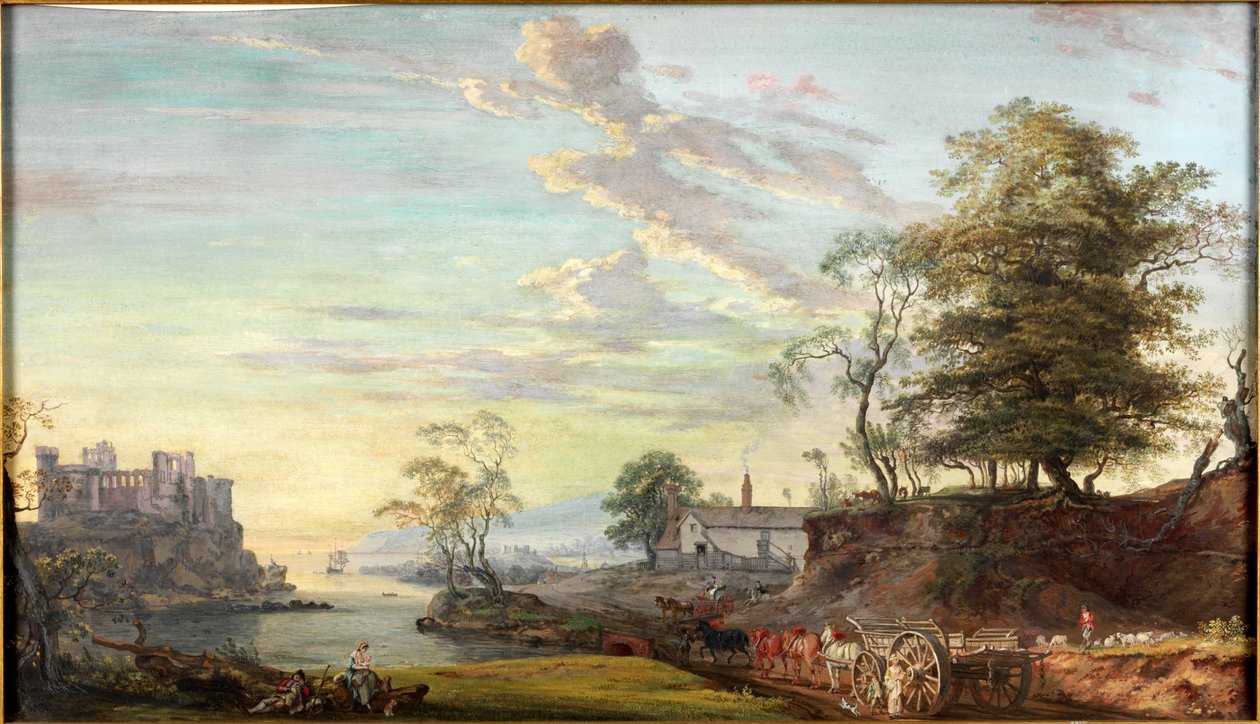湾の城のある風景、1769-1795年頃（水彩とガッシュ） 作： ポール・サンドビー