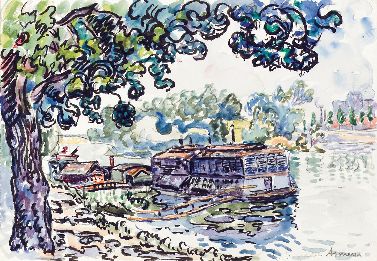 Asnières、c.1900-05（w - c、紙に鉛筆でブラシと黒のインク） 作： ポール・シニャック