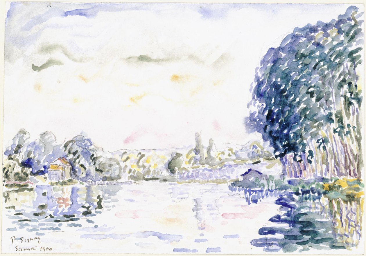 小屋と木々のある川の風景 作： ポール・シニャック
