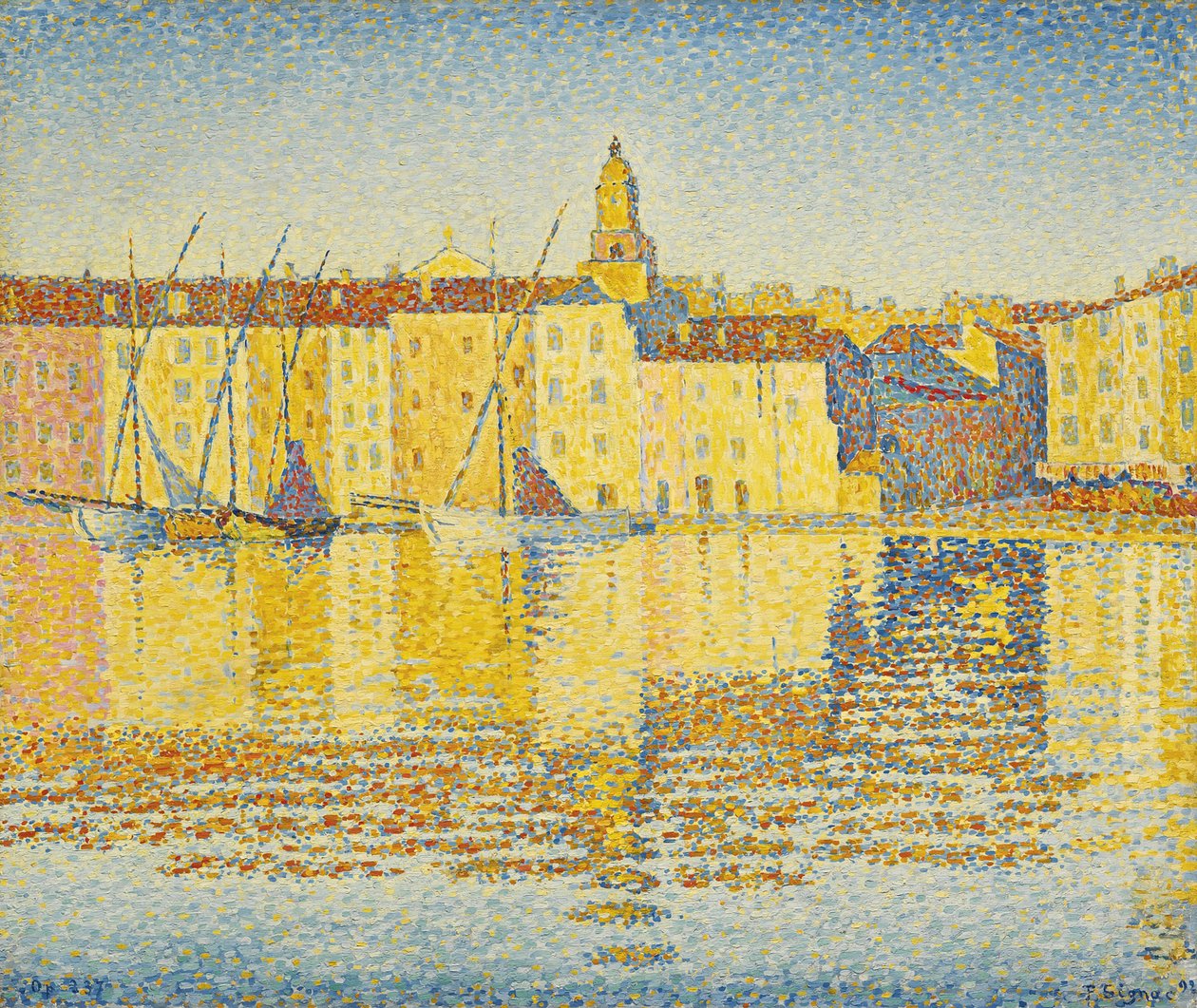 シニャック、ポール（1863-1935）の「サントロペの港のメゾン」。キャンバスに油彩、サイズ：46,5x55,3 作： ポール・シニャック