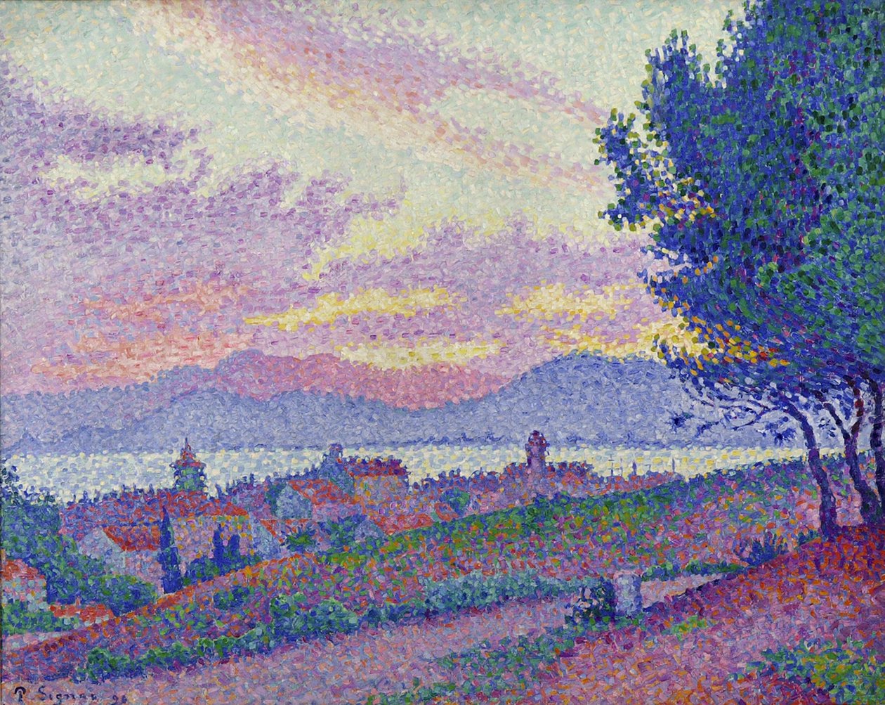 サントロペの眺め、松林に沈む夕日、1896年。 作： ポール・シニャック