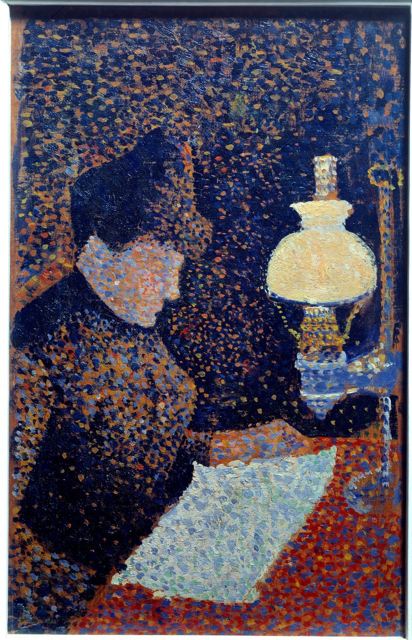 ランプの下の女性。点描画。ポール・シニャックの絵画 作： ポール・シニャック