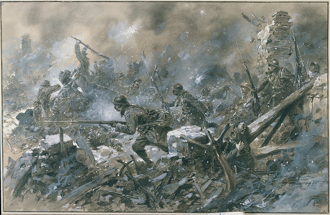 第一次世界大戦 (1914-1918): 「「1916 年にヴェルダンの前でヴォーの村での反撃」」」ポール ティリア パリの水彩画。 Musée, Des deux guerre mondiale DR - ヴェルダン近くのヴォー村でのフランス軍の反撃 作： ポール・ティリア