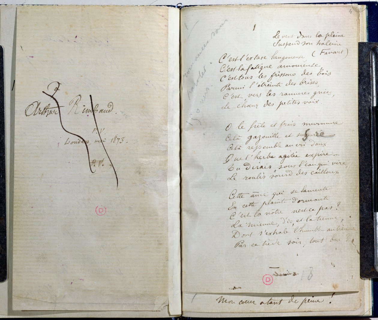 「ロマンスサンパロレス」からの手書きのページ、1873年のアーサーランボーへの献身に取り消し線を引いたもの 作： ポール・ヴェルレーヌ