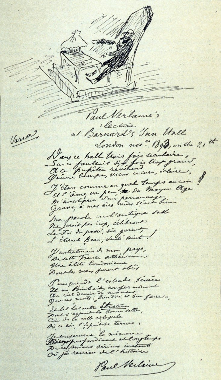 フランスの詩人ポール・ヴェルレーヌ（1844-1896）の詩のサインと、朗読会での代表者のスケッチ。21/11/1893 作： ポール・ヴェルレーヌ