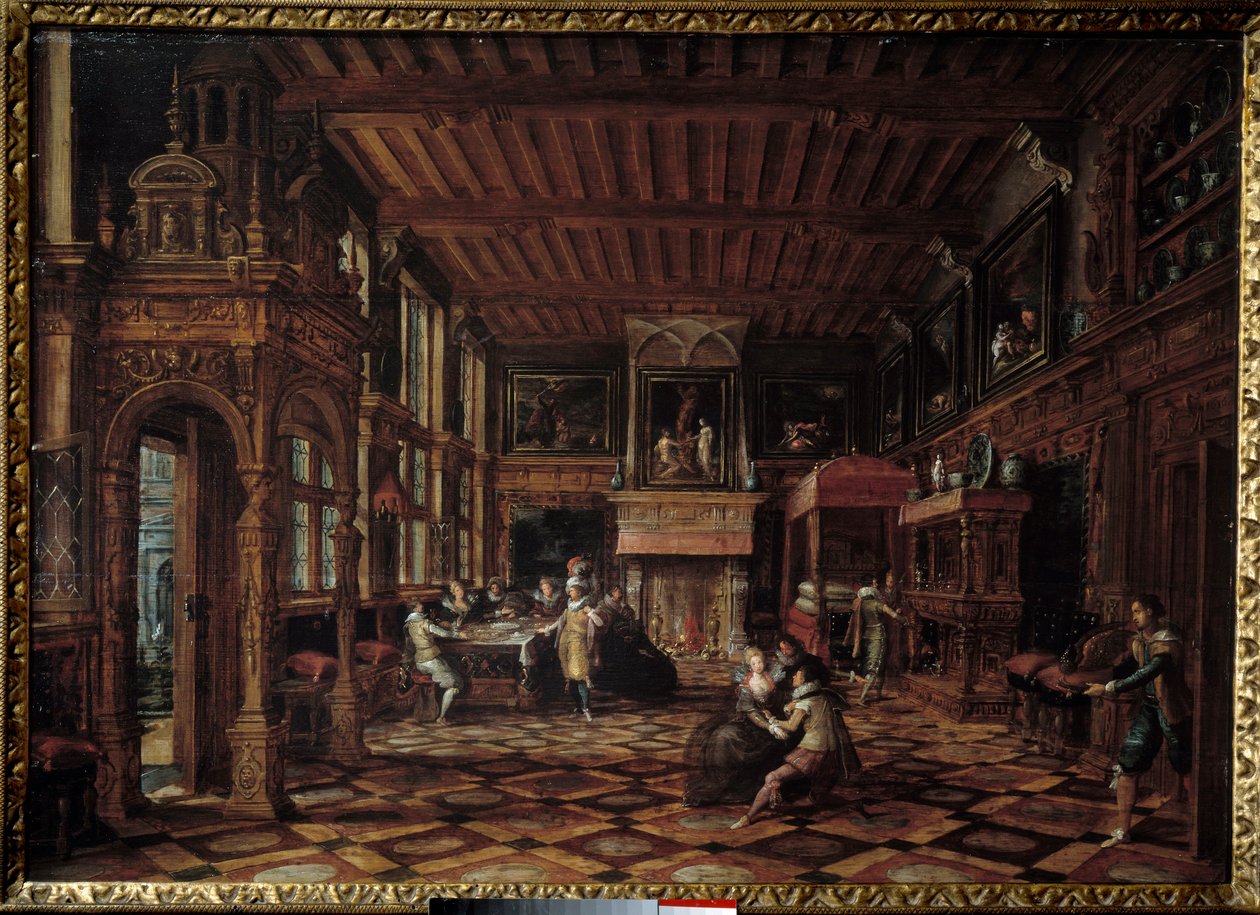 フランドルのインテリア。パウルス・フレッドマン・デ・フリース（1567-1630）の絵画 作： ポール・フレデマン・ド・フリース