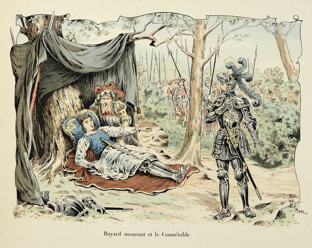 テオドール・カフ著、ポール・デ・セマン（1855-1915）画の「バイヤール騎士団の歴史」からの引用です。瀕死のバイヤールと1524年のブルボン公爵夫人 作： ポール・ド・セマン