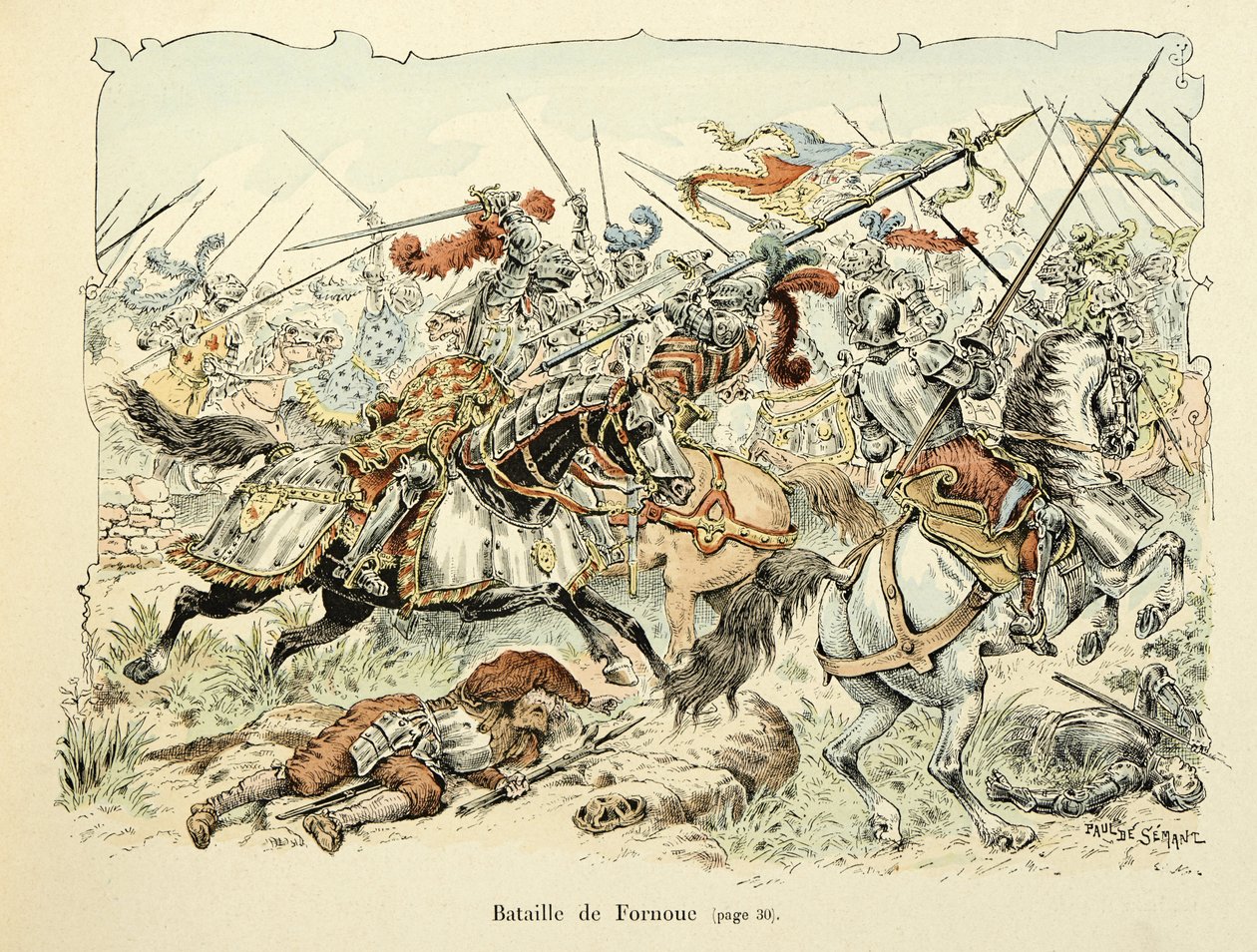 テオドール・カフ著、ポール・デ・セマン（1855-1915）画の「バイヤルの歴史」からの引用です。フォルノアの戦い1495 作： ポール・ド・セマン