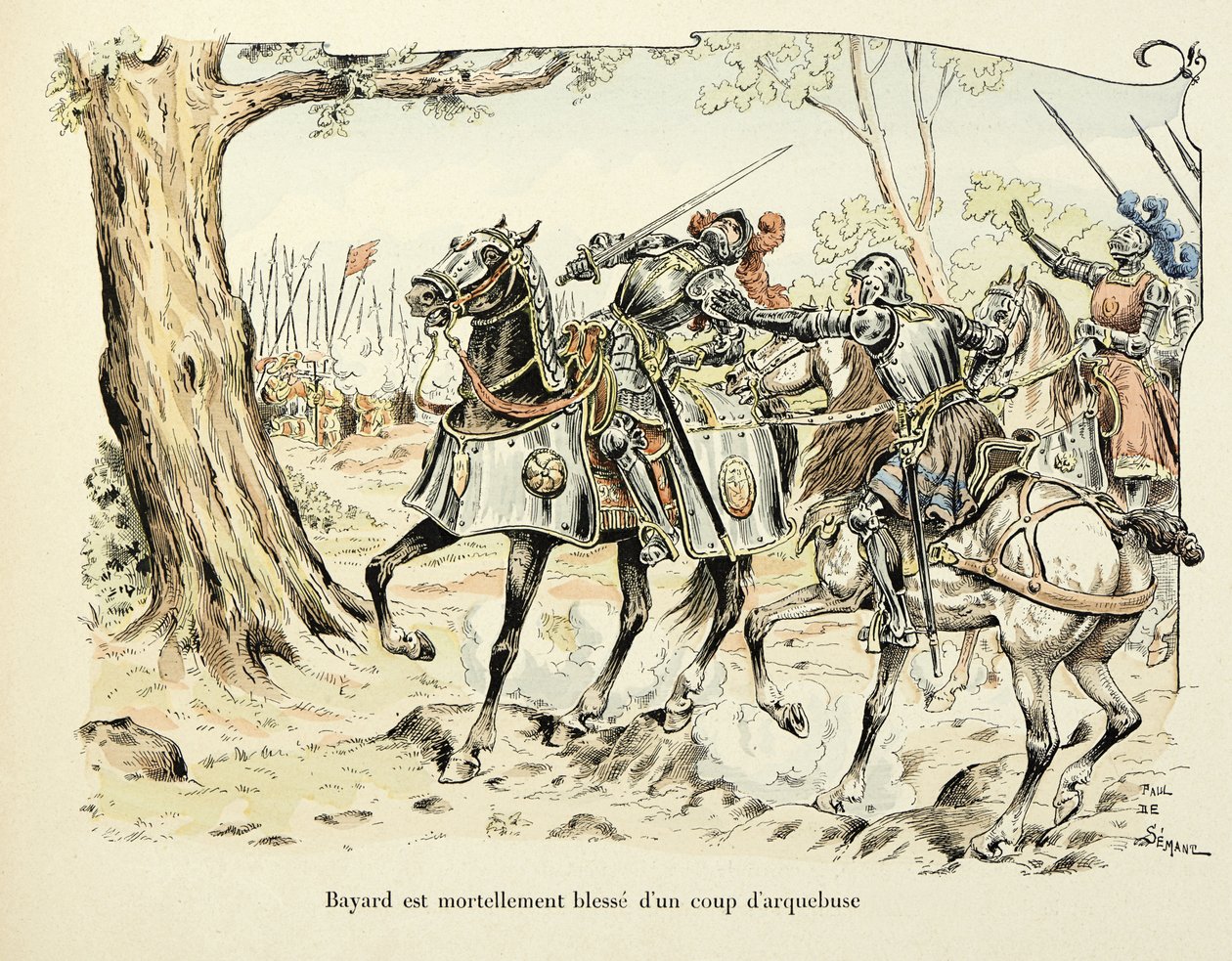 テオドール・カフ著、ポール・デ・セマン（1855-1915）画の「バイヤールの歴史」からの引用です。1524年、アルケブセで瀕死の重傷を負ったバイヤール 作： ポール・ド・セマン