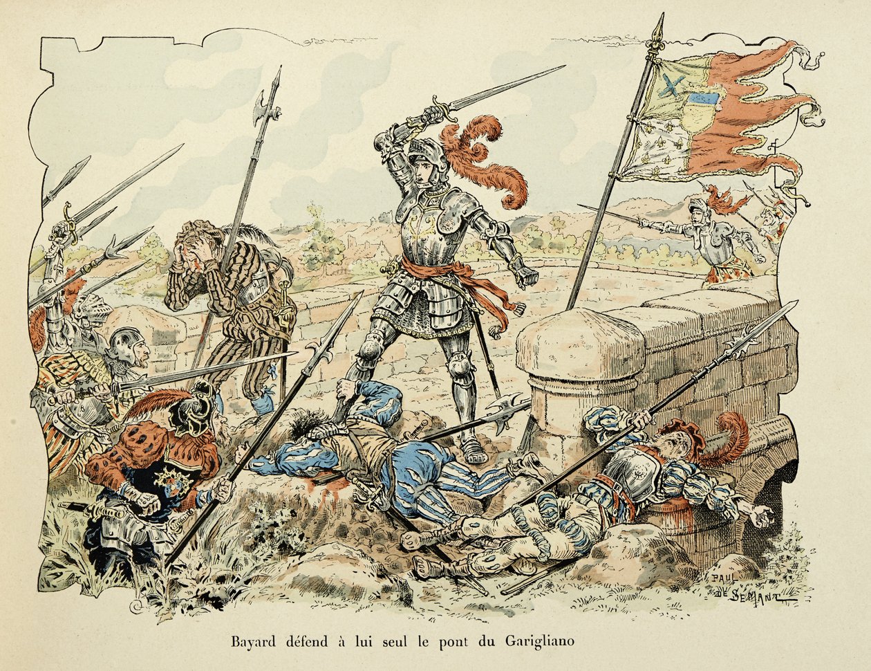 テオドール・カフ著、ポール・デ・セマン（1855-1915）画の「バイヤードの騎士譜」からの引用。1504年、ガリリャーノの橋だけを守るバイヤール 作： ポール・ド・セマン
