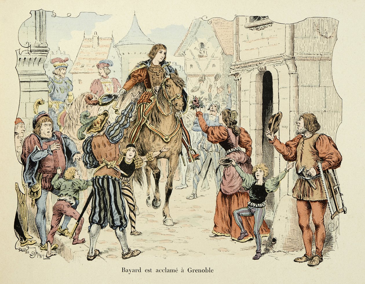テオドール・カフ著、ポール・デ・セマン（1855-1915）画の「バイヤール騎士団の歴史」からの引用です。グルノーブルで即位したバイヤール 作： ポール・ド・セマン