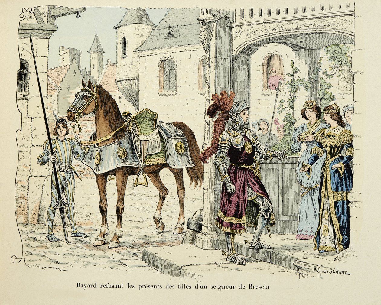 テオドール・カフ著、ポール・デ・セマン（1855-1915）画の「バイヤール騎士団の歴史」からの引用。ブレシアの領主の娘たちからのプレゼントを受け取るバイヤール 1512年 作： ポール・ド・セマン