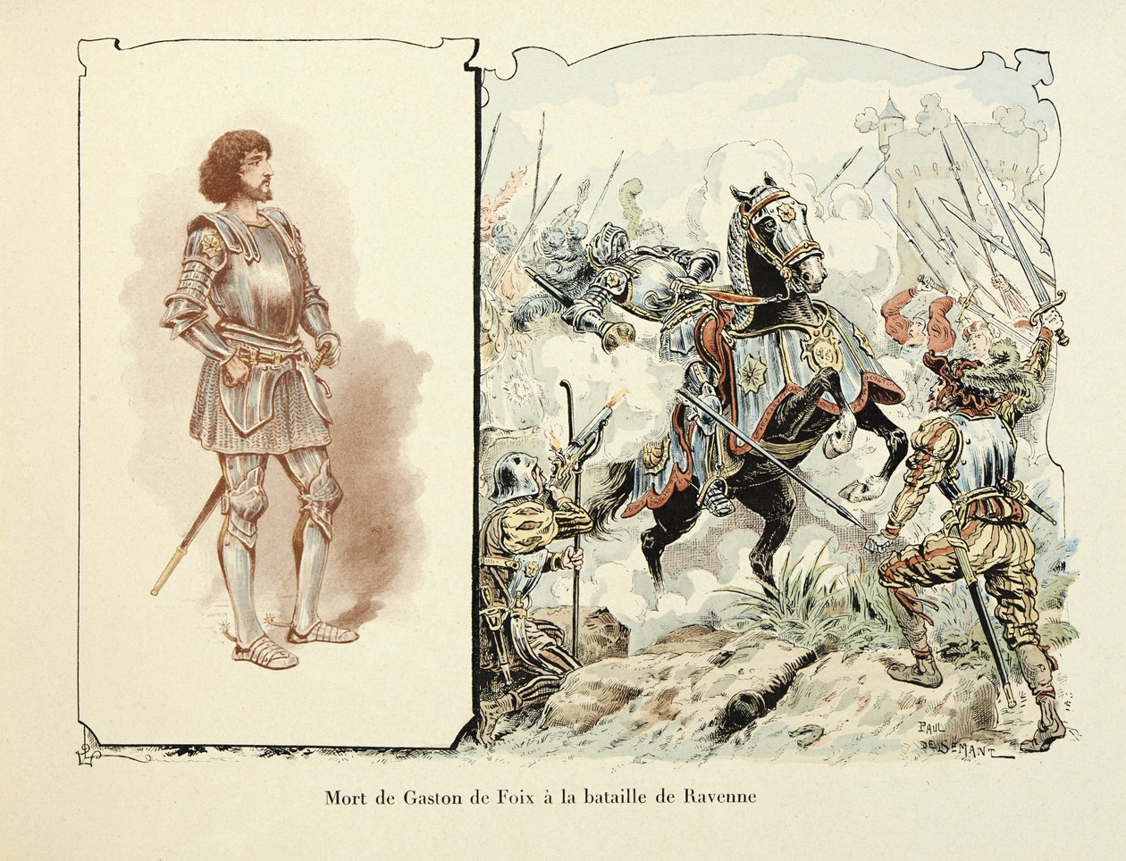 イラストはテオドール・カフ著、ポール・デ・セマン（1855-1915）画の「Histoire du chevalier Bayard」より引用。ラヴェンナの戦いでのガストン・ド・フォワ（1489-1512）の死 作： ポール・ド・セマン