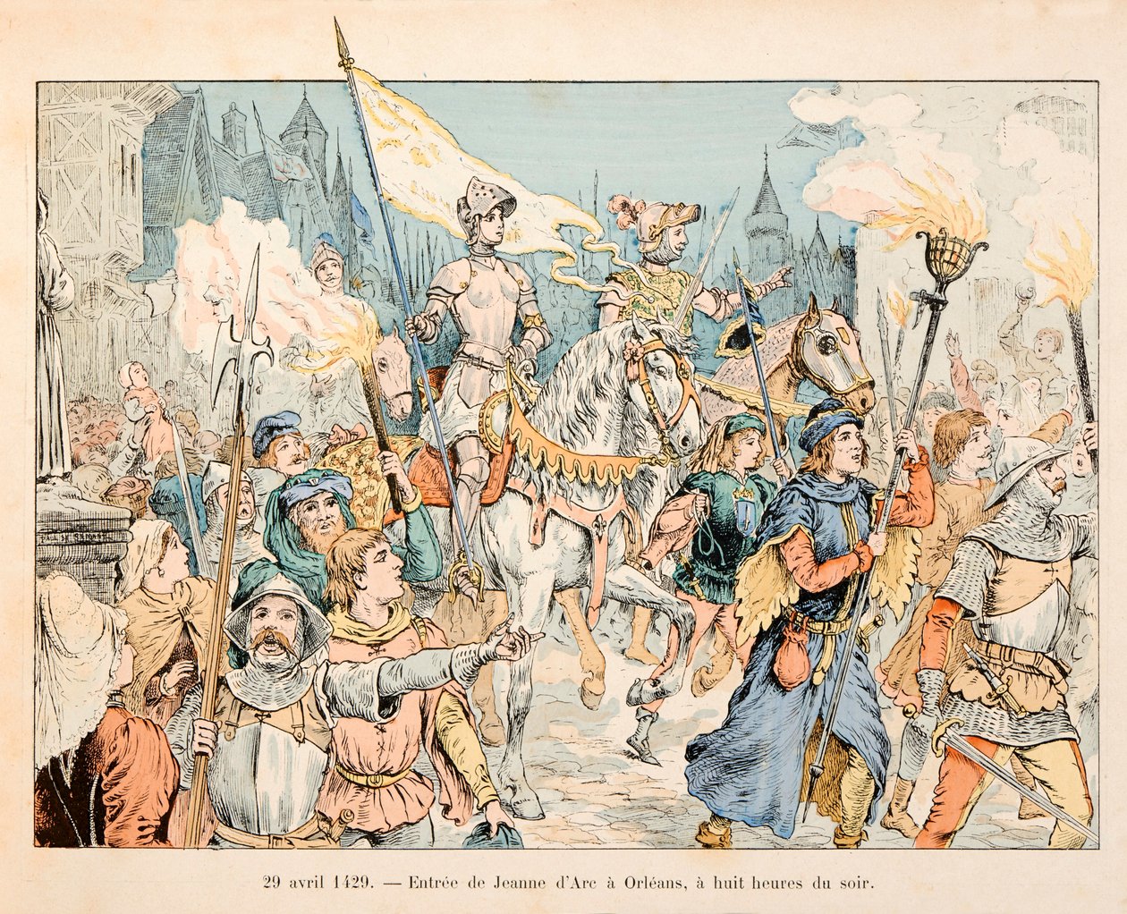 イラストはテオドール・カフ著、ポール・デ・セマン（1855-1915）絵の「ジャンヌ・ダルク」より引用。オルレアンにおけるジャンヌダルクの入城 4月29日 作： ポール・ド・セマン