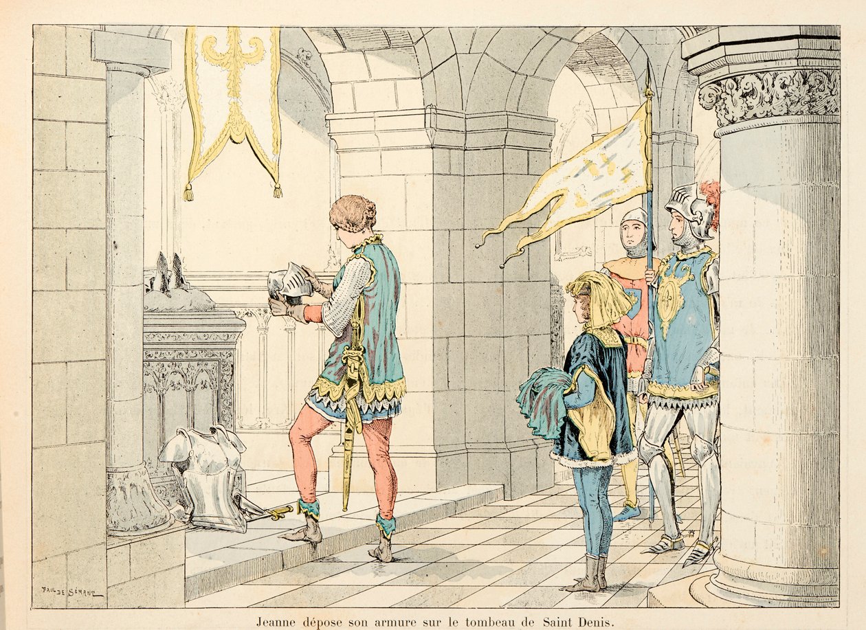 セオドア・カフ著、ポール・デ・セマン（1855-1915）絵の『ジョーン・オブ・アーク』からの引用です。サン・ドニの墓に甲冑を置くジョーン・アーク 作： ポール・ド・セマン