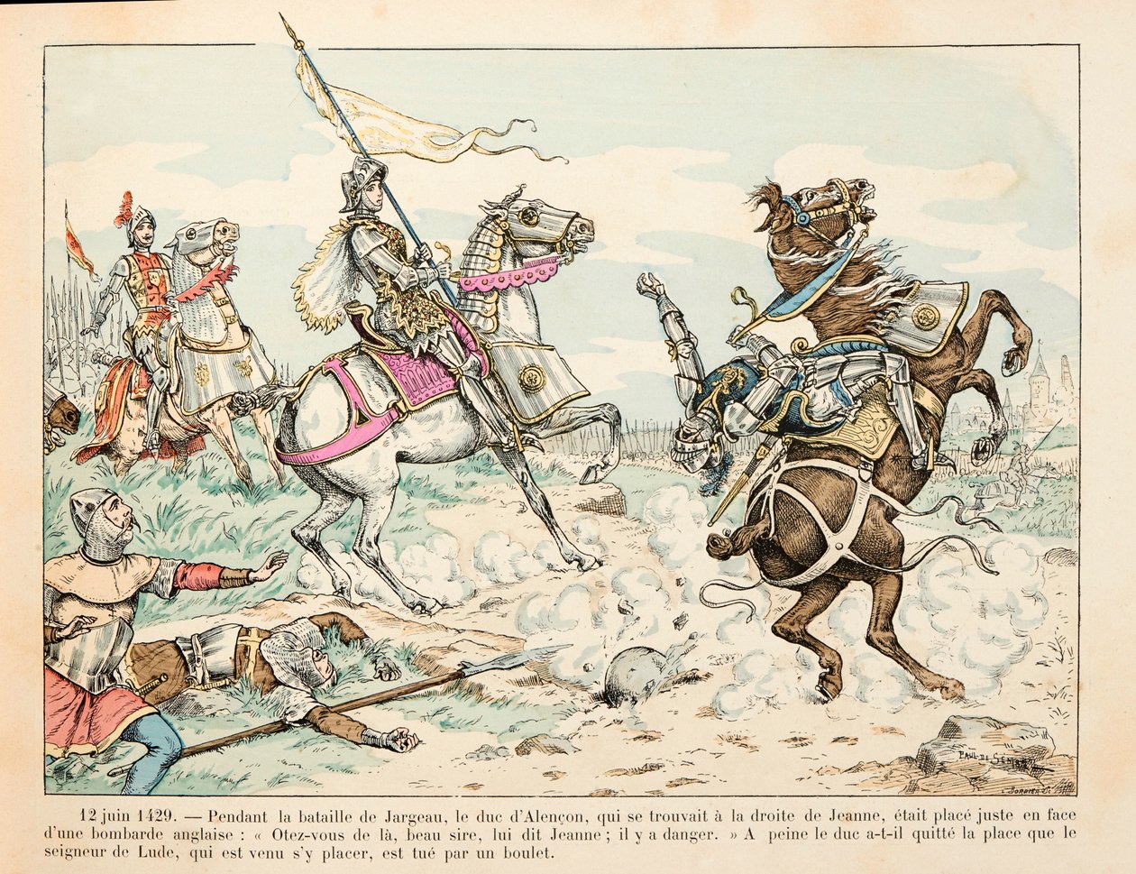セオドア・カフ著、ポール・デ・セマン（1855-1915）絵による「ジョーン・オブ・アーク」からの引用：1429年6月12日 ジョーン・オブ・アークの前に行われたジャルジョーの戦いで、ルード公がボールによって殺害される。 作： ポール・ド・セマン