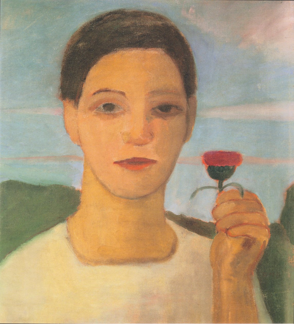 上げられた手にアーティチョークの花を持つ妹ヘルマの肖像画 作： ポーラ・モダーソン・ベッカー