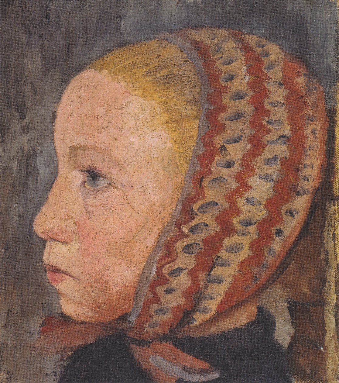左のプロファイルに縞模様の帽子の女の子の頭 作： ポーラ・モダーソン・ベッカー