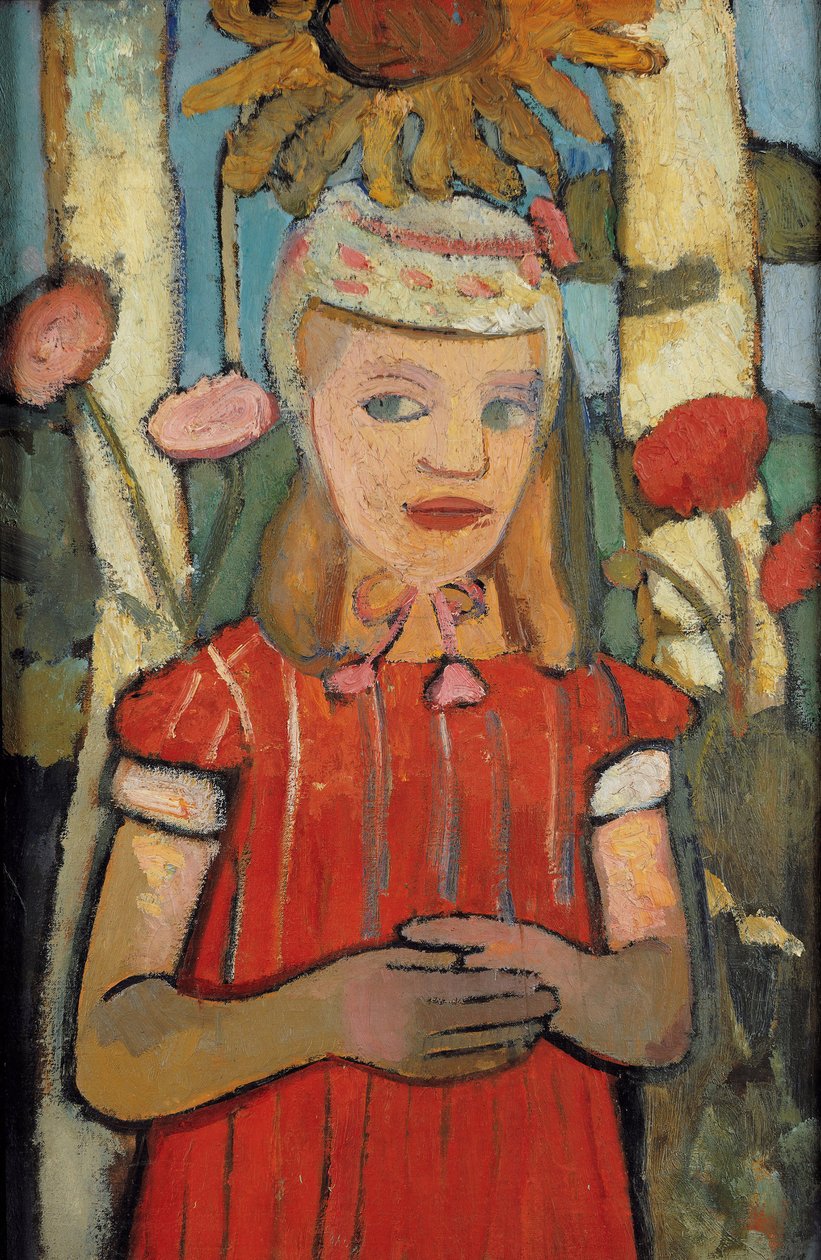 ひまわりの前で赤いドレスの女の子、1907年。 作： ポーラ・モダーソン・ベッカー
