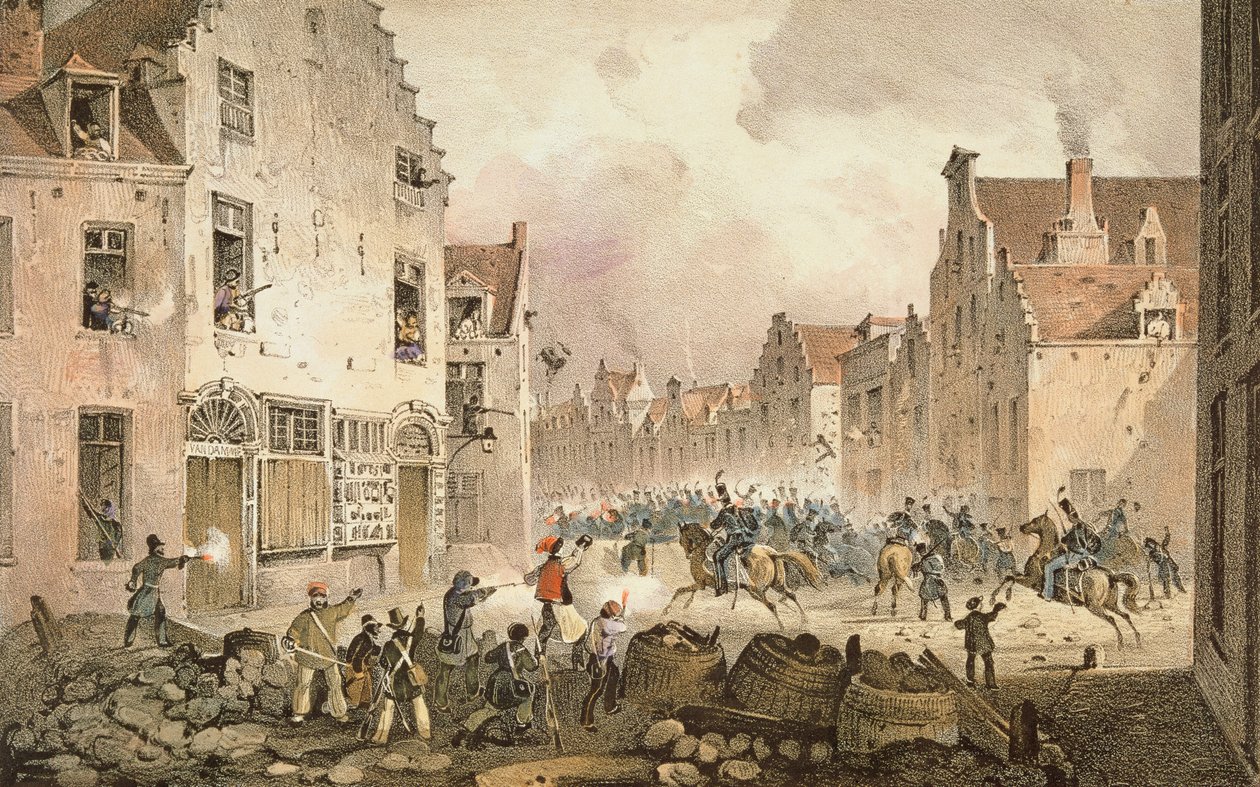 1830年9月23日、ブリュッセルのフランドル通りの戦闘とバリケード、Dewasme-Pletinckxによる彫刻 作： パウルス・ラウターズ