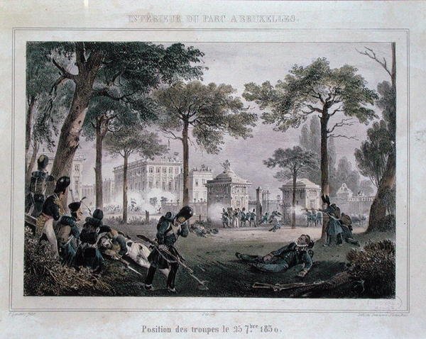 1830年9月25日、ブリュッセルの王立公園の軍隊、Dewasme-Pletinckxの彫刻（カラーリトグラフ）。 作： パウルス（後）ラウターズ