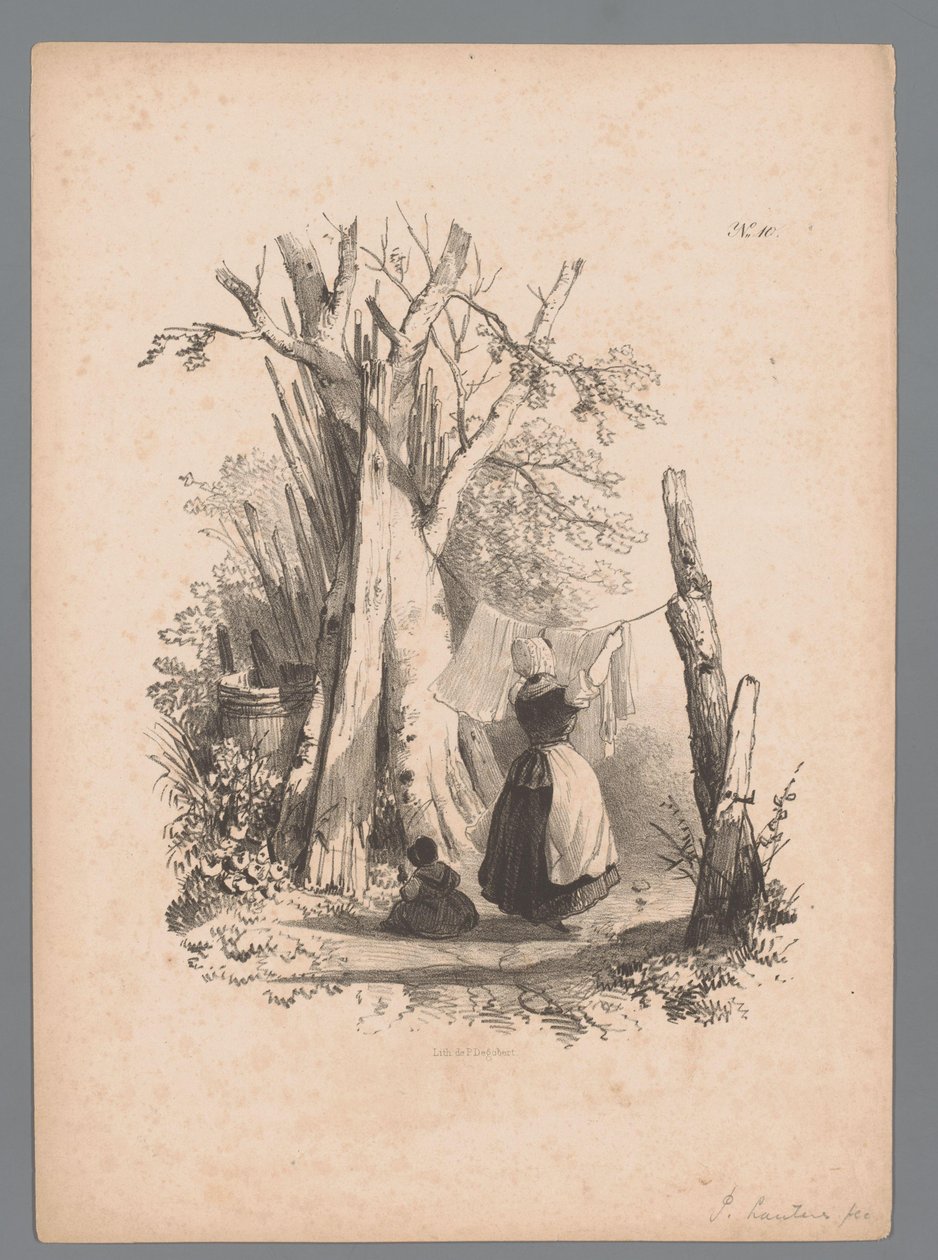 洗濯物を干している女性のいる風景 Paulus LautersによるLandscape Studies (シリーズタイトル) Nouvelle suite de 40 études de paysages par P. Lauters (シリーズタイトル) 作： ポール・ルーテル（帰属）