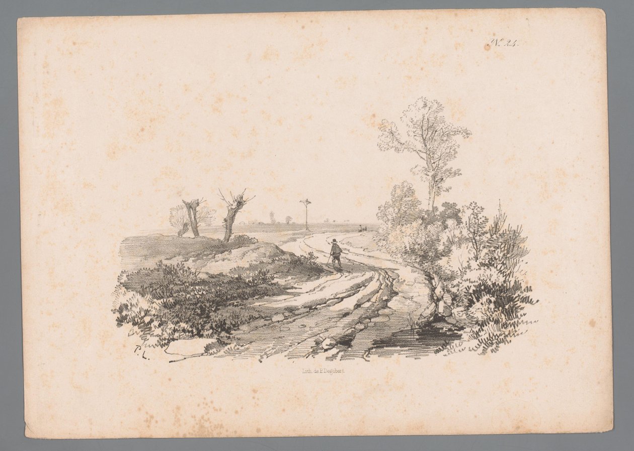 田舎道に杖を持った人影のある風景 Paulus LautersによるLandscape Studies (シリーズタイトル) Nouvelle suite de 40 études de paysages par P. Lauters (シリーズタイトル) 作： パウルス・ラウターズ