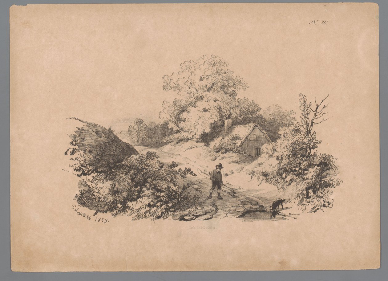 田舎道で​​人と犬がいる風景 Paulus LautersによるLandscape Studies (シリーズタイトル) Nouvelle suite de 40 études de paysages par P. Lauters (シリーズタイトル) 作： パウルス・ラウターズ