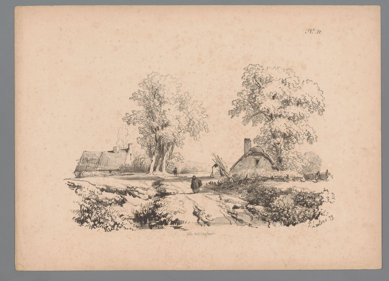 道路に 2 つの家と 2 人の人物がいる風景 Paulus LautersによるLandscape Studies (シリーズタイトル) Nouvelle suite de 40 études de paysages par P. Lauters (シリーズタイトル) 作： パウルス・ラウターズ