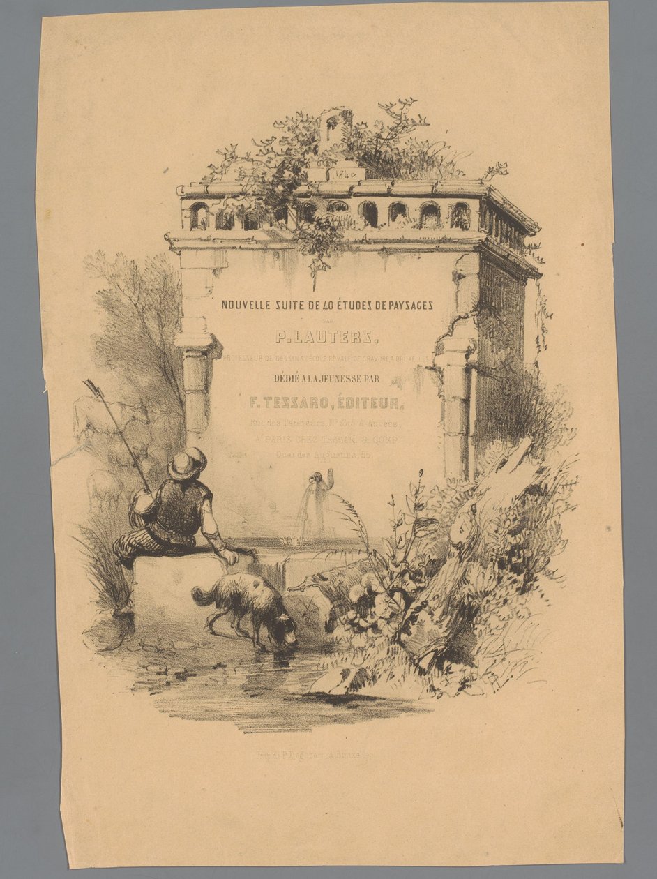 噴水の端に座っている犬を持つ男 Paulus LautersによるLandscape Studies (シリーズタイトル) Nouvelle suite de 40 études de paysages par P. Lauters (オブジェクトのシリーズ タイトル) 作： パウルス・ラウターズ