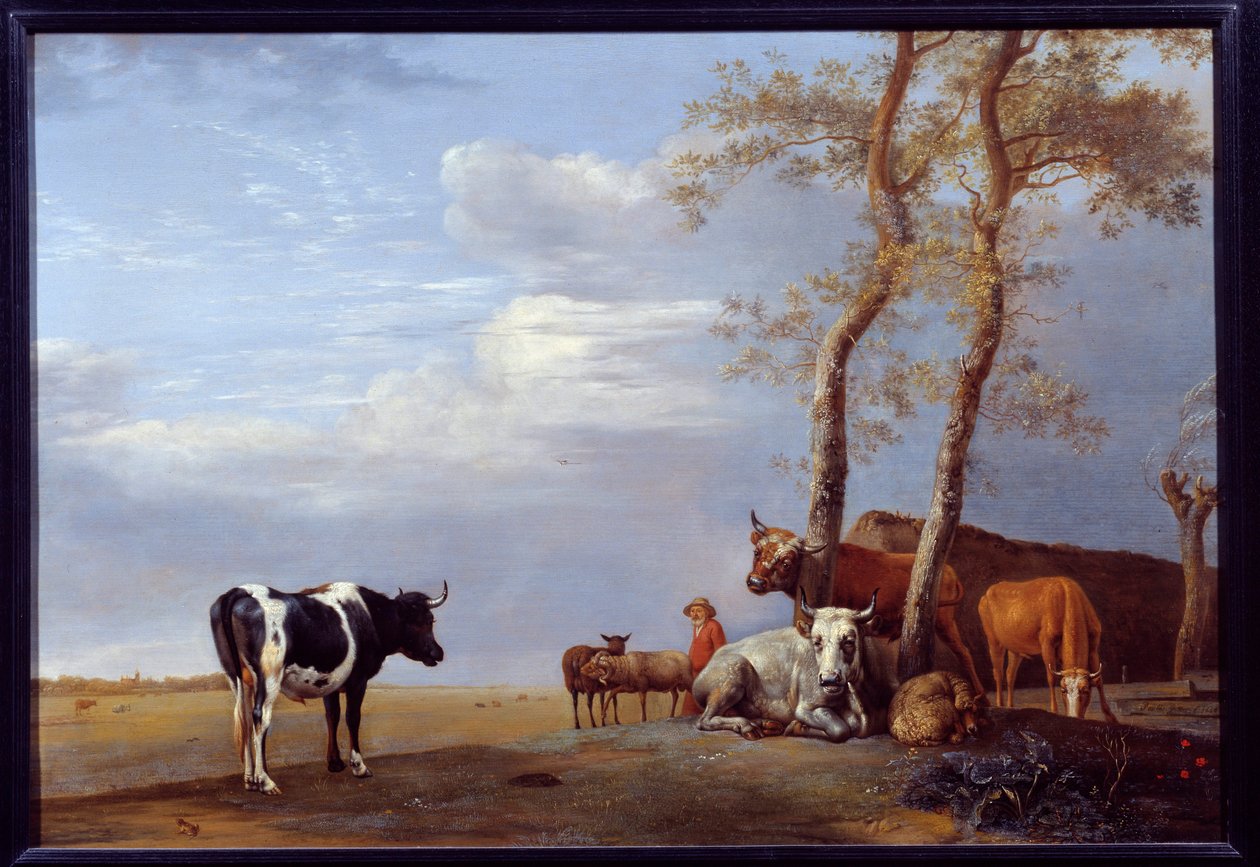 農民と動物のいる風景。ポール・ポッター（1625-1654）の絵 Ec.Hol. 作： ポール・ポッター