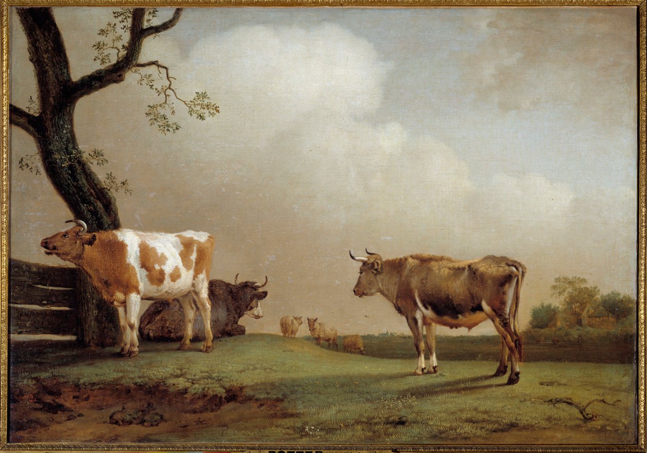 The meadow プリの中の牛の群れ。ポール・ポッター（1625-1654）による絵画 1652年 日0,84x1,21 m 作： ポール・ポッター