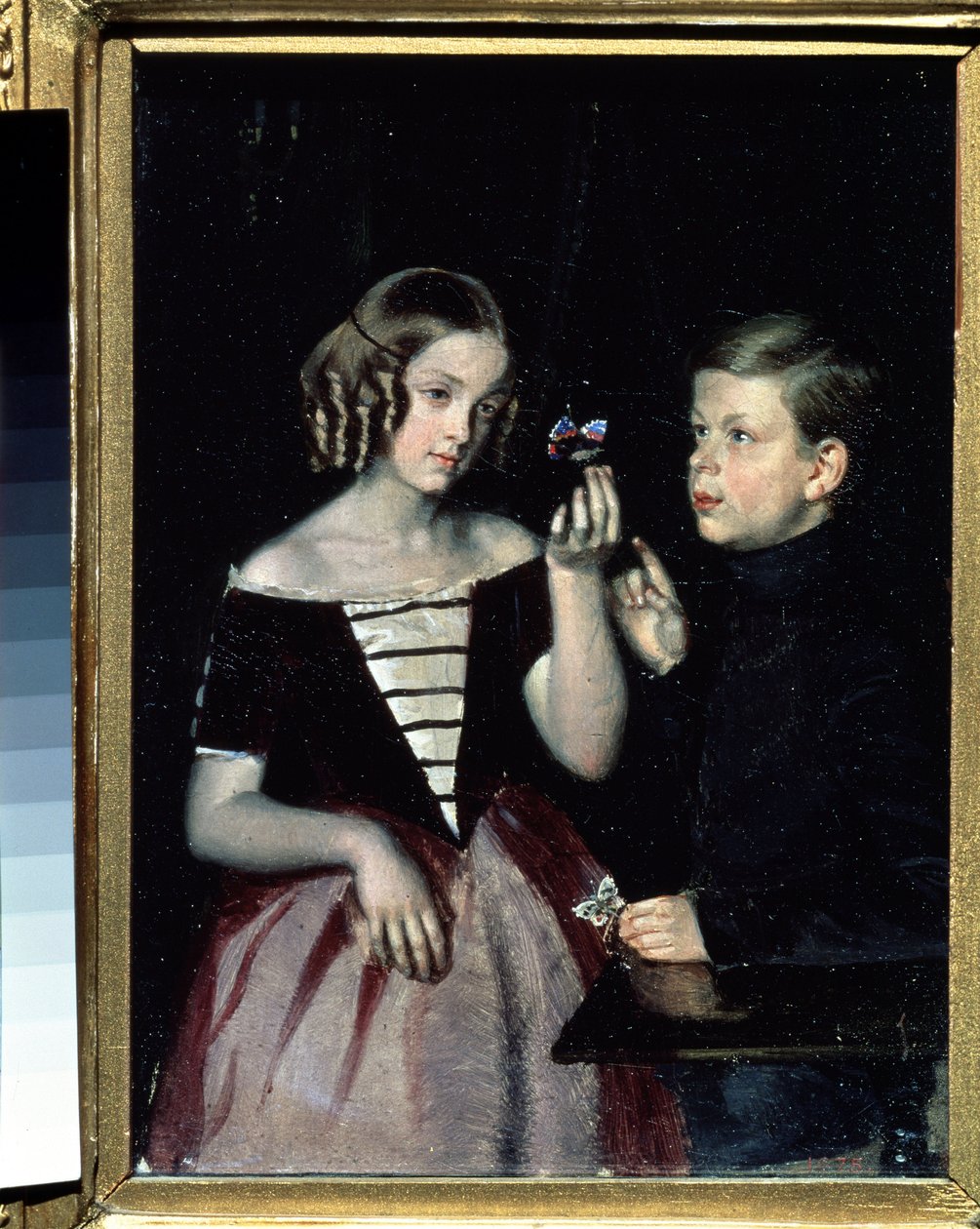 「蝶を熟考する 2 人の Gerbin の子供の肖像」Pavel Fedotov (1815-1852) による絵画 1851 年頃 国立ロシア美術館、サンクトペテルブルク 作： パベル・アンドレーエヴィッチ・フェドトフ