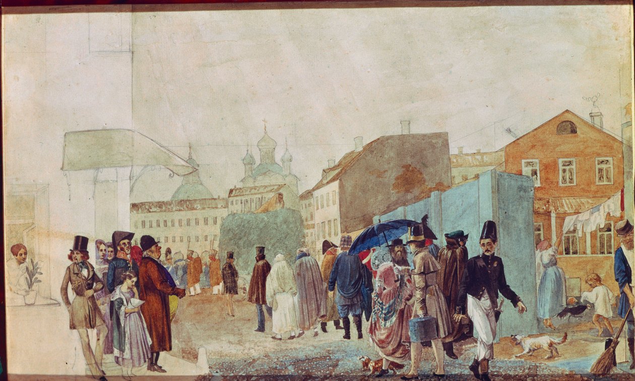 モスクワの雨の中のストリート シーン。 Pavel Andreyevich Fedotov (1815-1852) の作品、紙に水彩 作： パベル・アンドレーエヴィッチ・フェドトフ