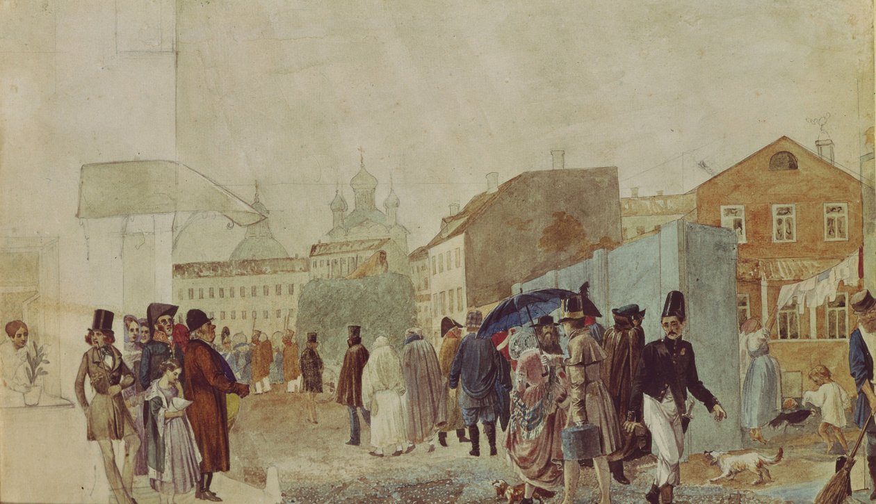 1837年の雨の間のモスクワのストリートシーン 作： パベル・アンドレーエヴィッチ・フェドトフ
