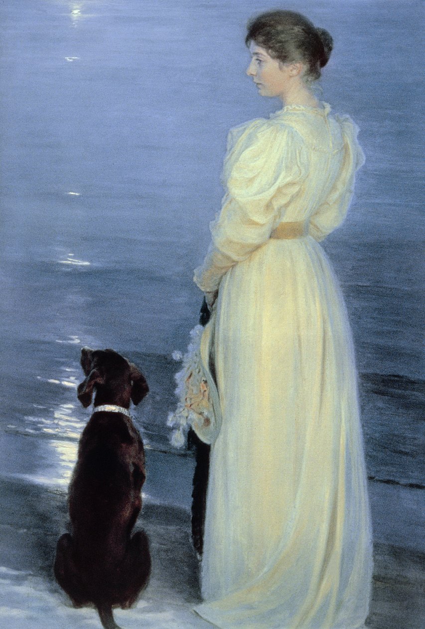 1891年、ビーチで犬と一緒に暮らすアーティストの妻、スカーゲンでの夏の夜 作： ペダー・セヴェリン・クロイヤー