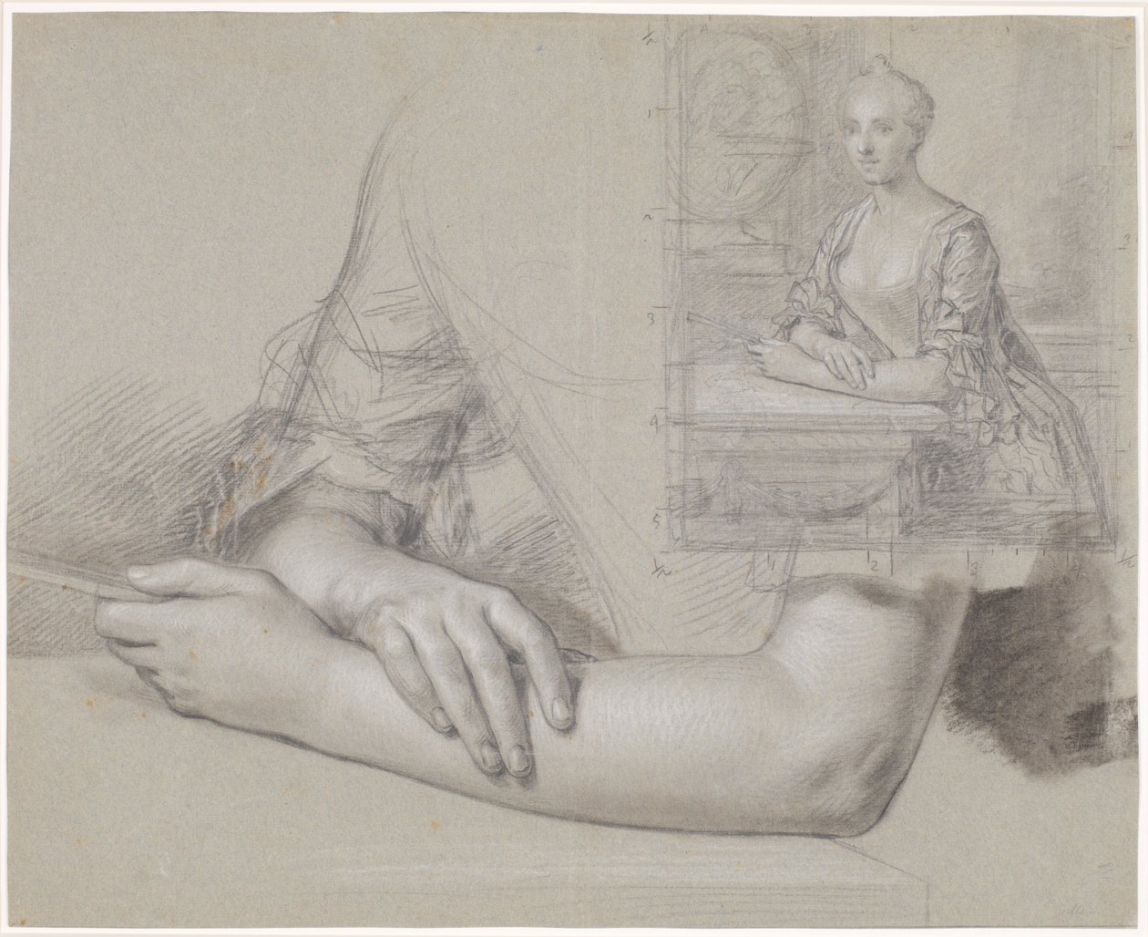 女性の肖像画の下書き。 同じ肖像画の手と腕の研究と同様に。 作： Peder As