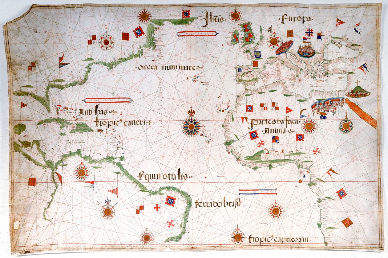 大西洋、地中海、黒海のポーチュラン海図 1535年頃（ベラム、紙） 作： ペドロ・レイネル