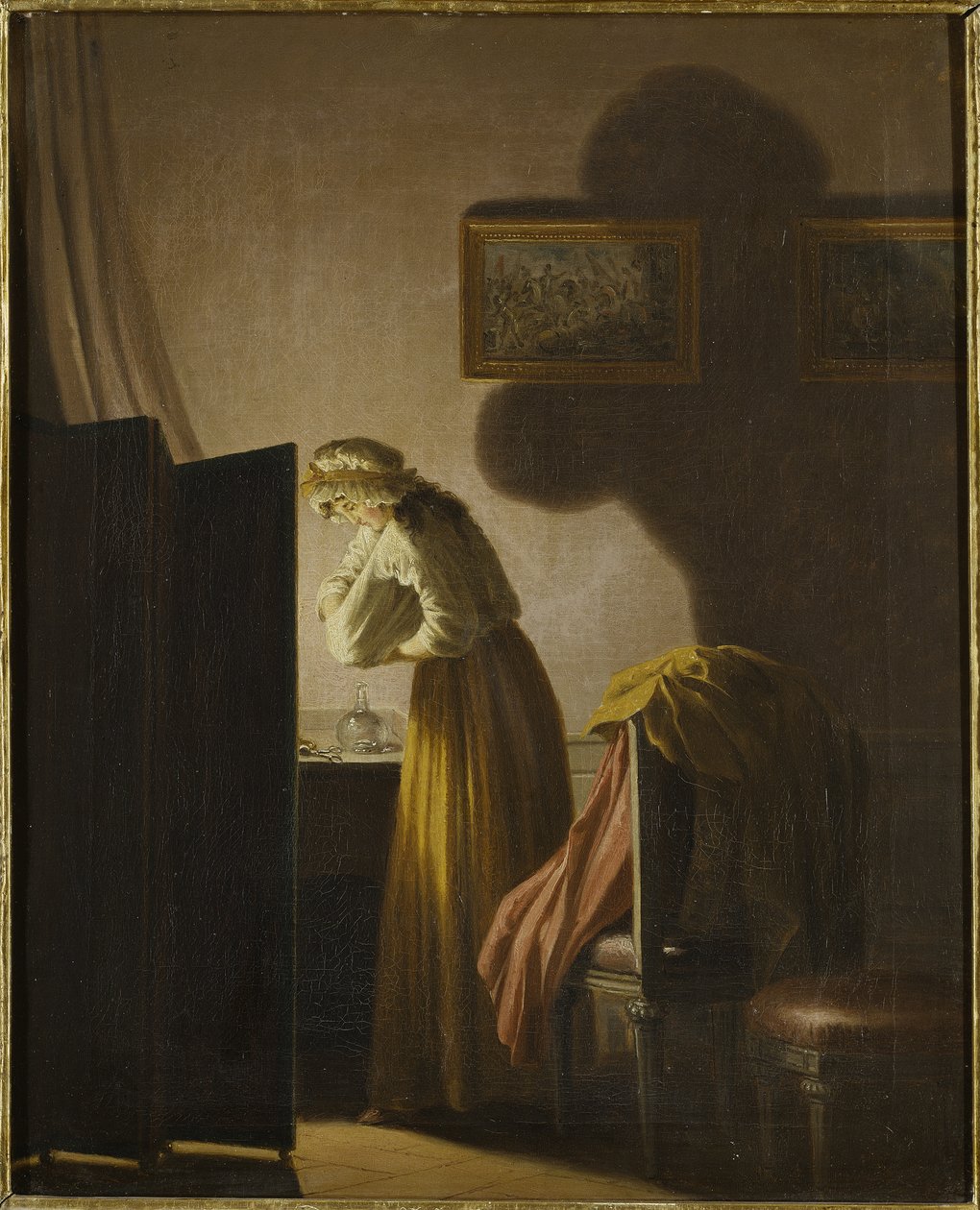 Une femme attrapant des puces a la lumiere de la bougie - A woman catching fleas by candle light, by Hillestrom, Pehr (1732-1816).キャンバスに油彩。サイズ: 51,5x42,5 cm。ストックホルム国立博物館 作： ペール・ヒレストロム