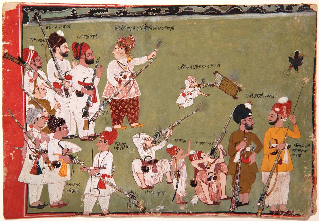 Adar SinghとSaman Singhが鳥を撃つ、1790年頃（不透明なトイレと紙に金色） 作： ペムジ