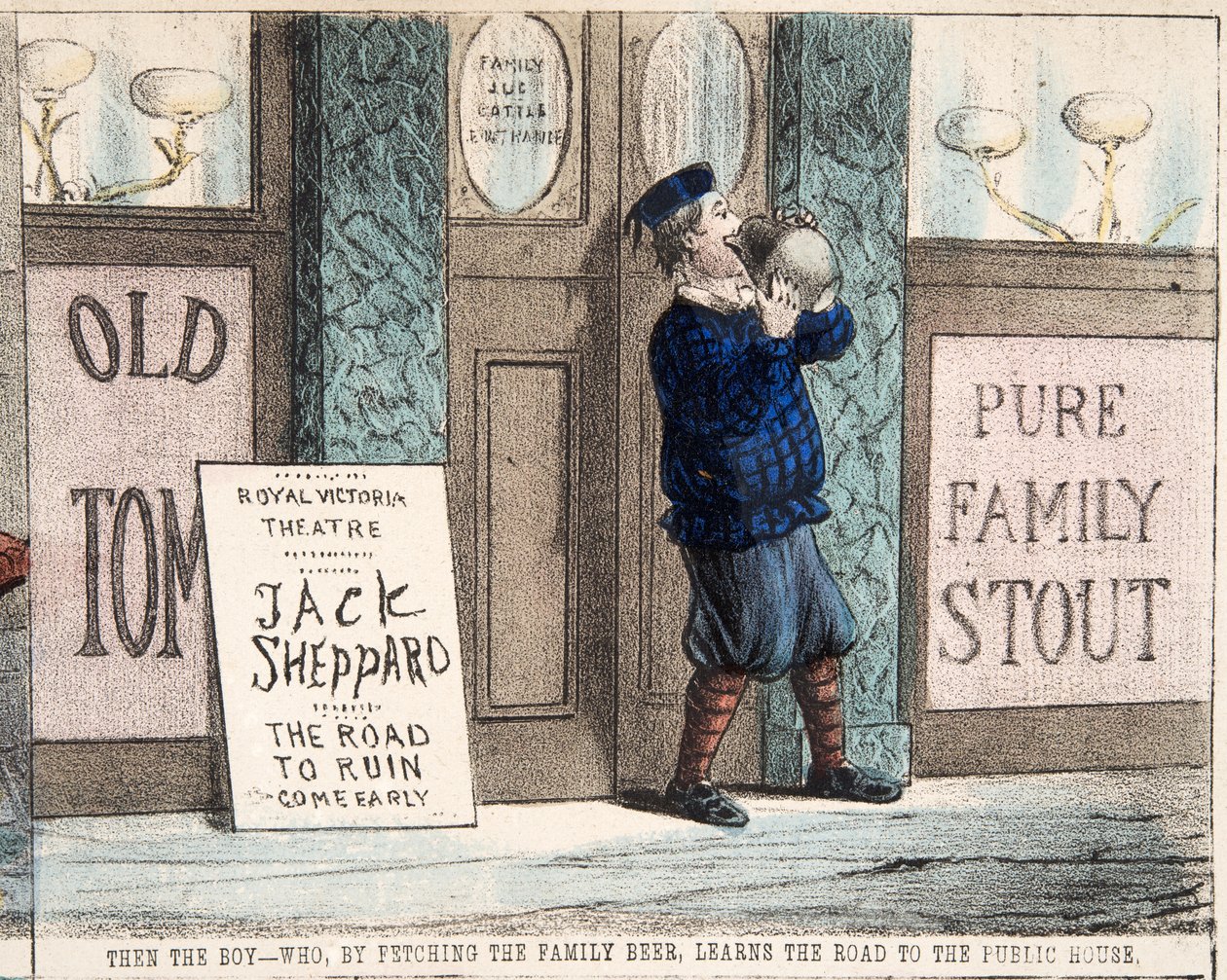 "The the boy - who who fetching the family beer, learning the road to the Public House, pub.c. 1872 (hand coloured engraving) 作： パーシー・クルシャンク