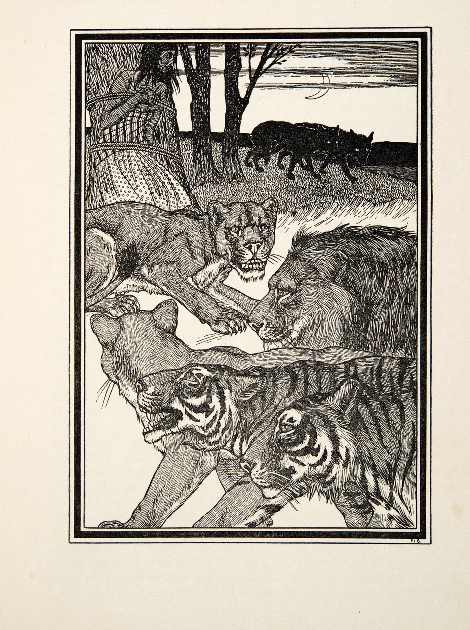 A Grateful Lioness, A Hundred Anecdotes of Animals, pub.1924年に出版されたもので、彫刻です。 作： パーシー・J・ビリングスハースト