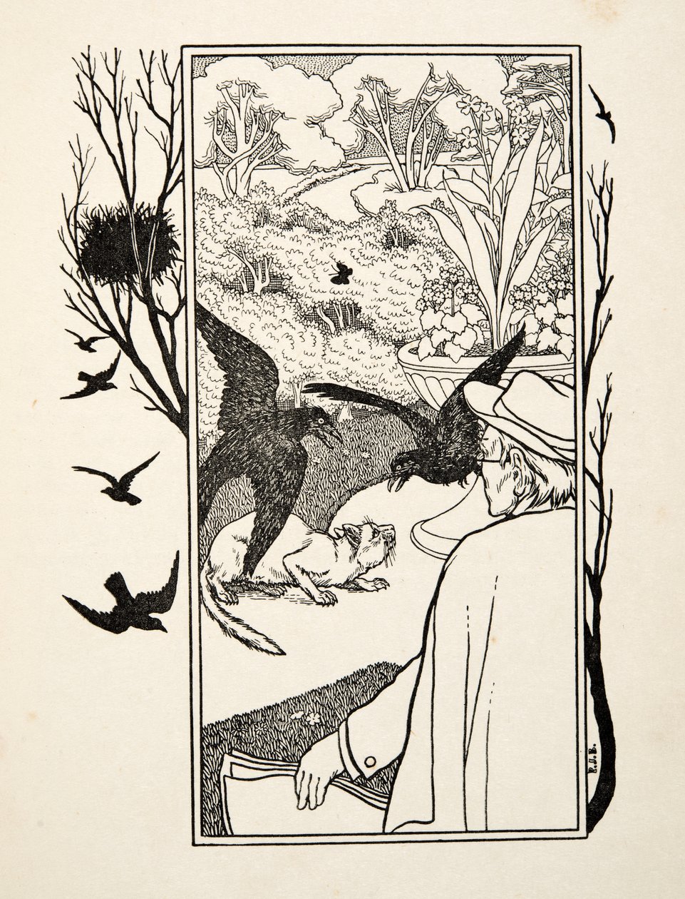 猫とカラス」（『動物百景』より）、pub.1924年（彫刻 作： パーシー・J・ビリングスハースト