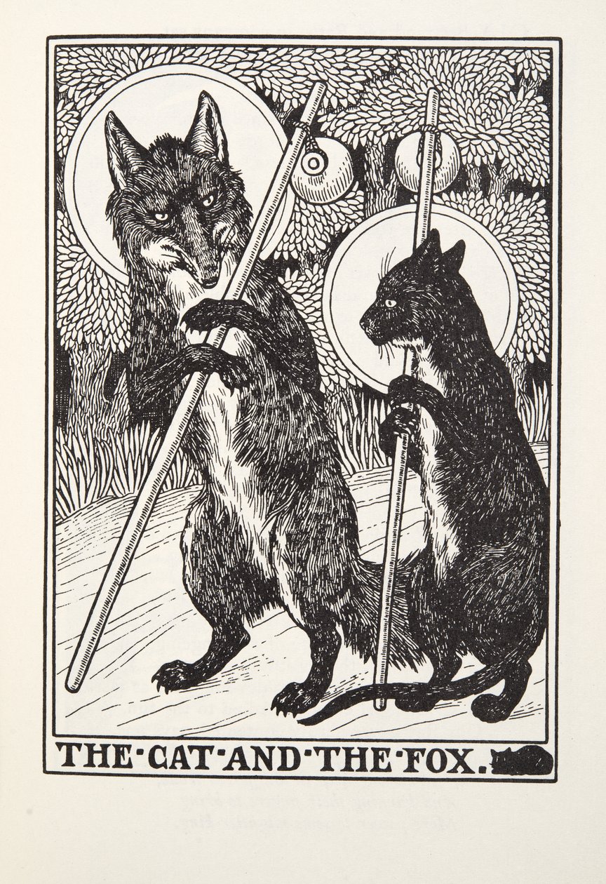 猫と狐、フォンテーヌ寓話、パブから。 1905 作： パーシー・J・ビリングスハースト