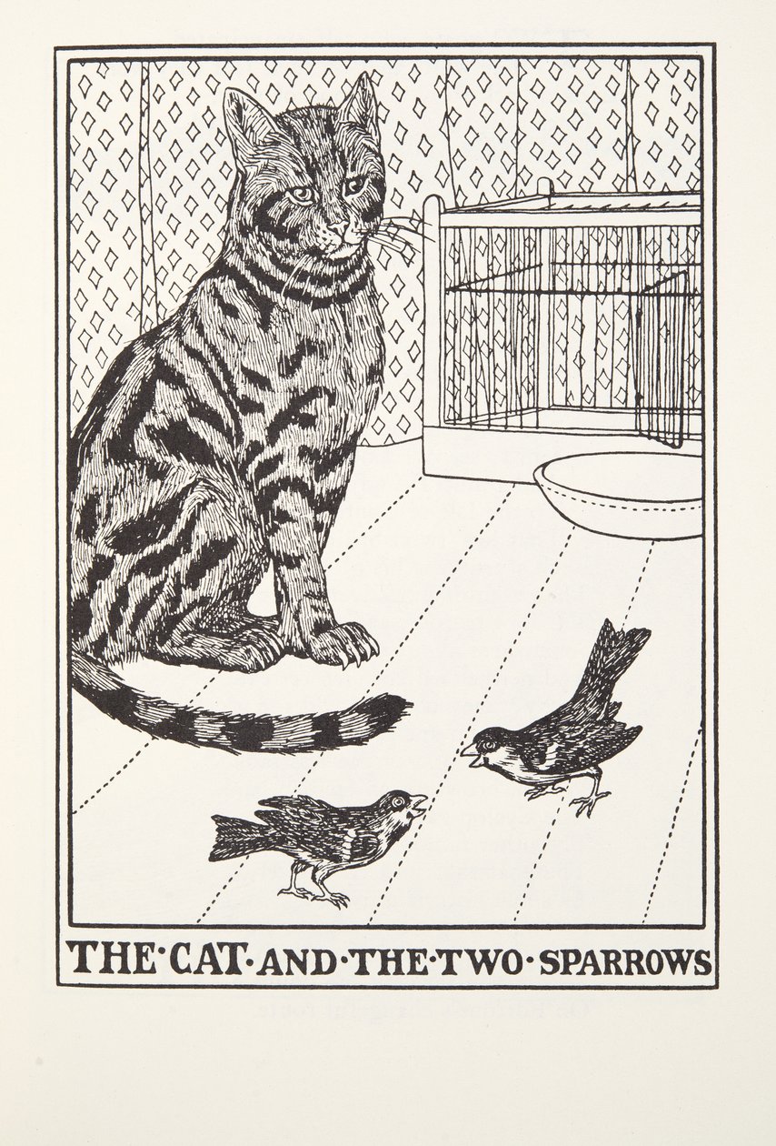 猫と二羽のスズメ、フォンテーヌ寓話、パブ。 1905 作： パーシー・J・ビリングスハースト