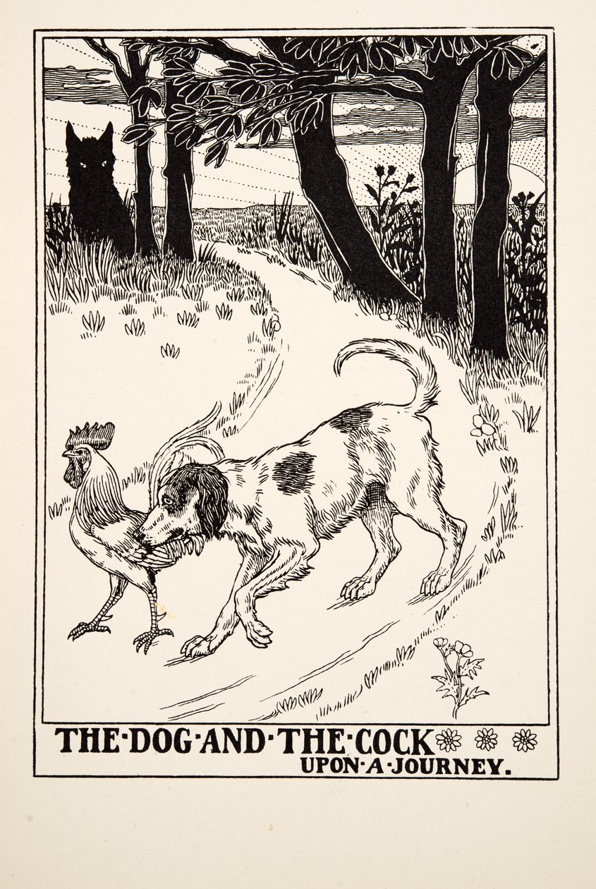 旅の上の犬と雄鶏、イソップの百寓話、出版物.1903 作： パーシー・J・ビリングスハースト