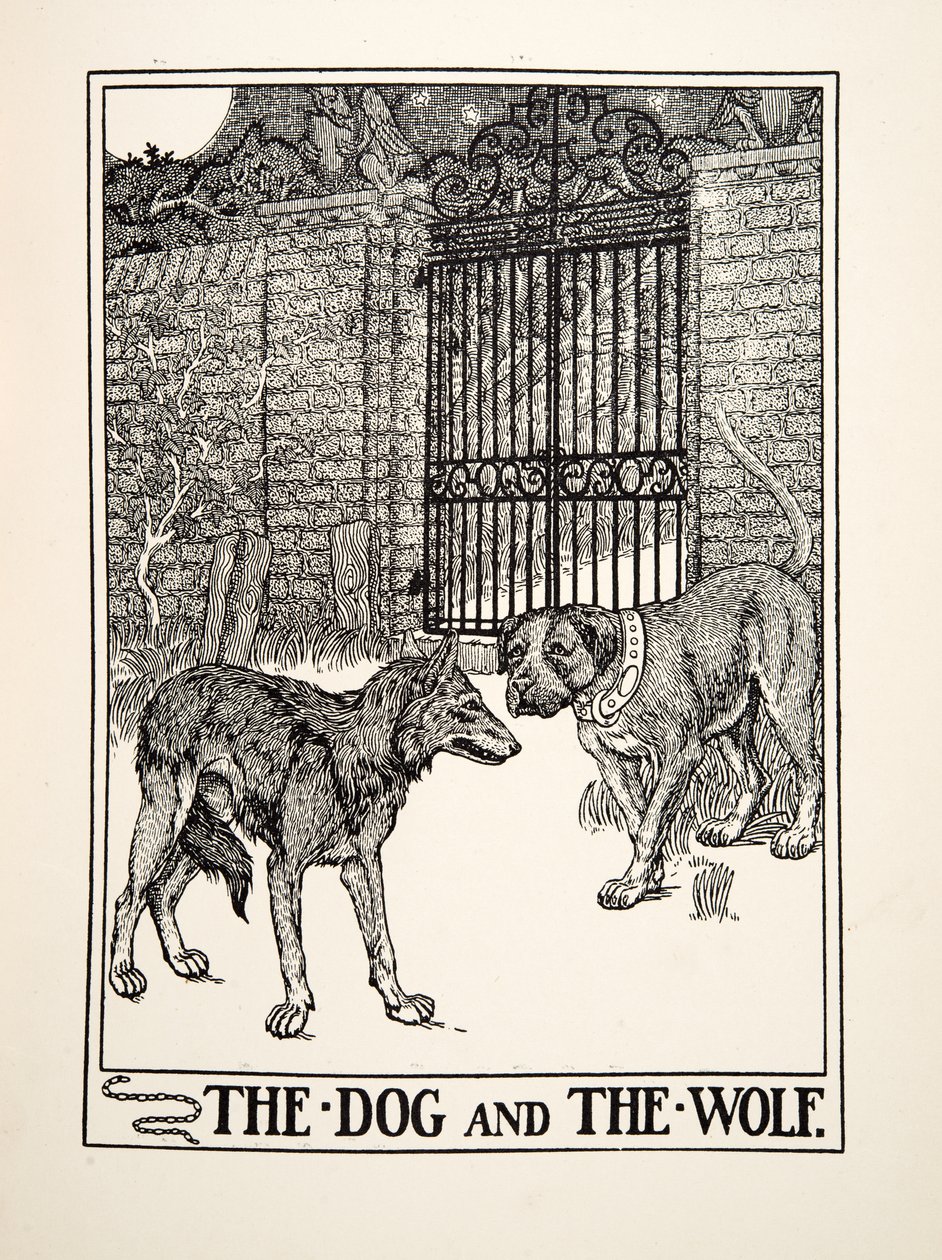 犬と狼」（イソップ寓話集、1903年刊）より（彫刻 作： パーシー・J・ビリングスハースト